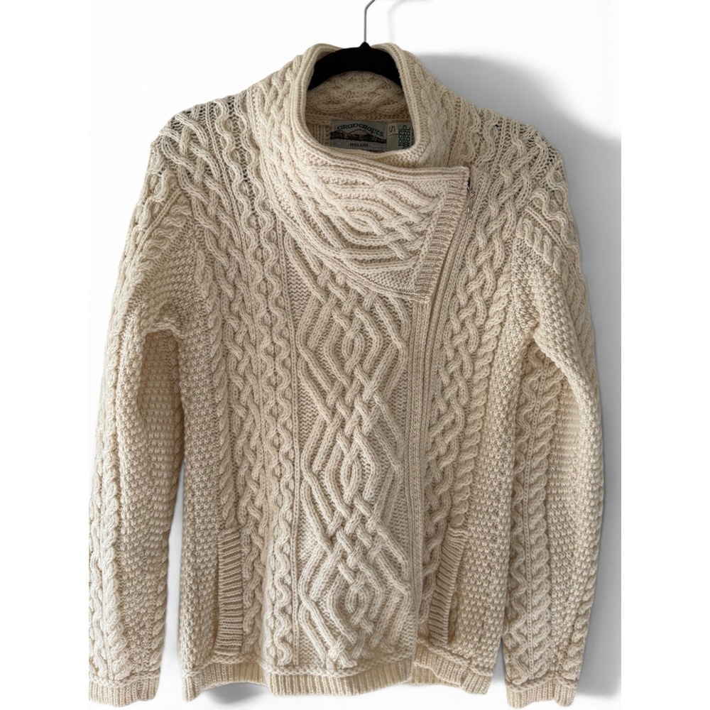 Aran Crafts Ireland Merino Wool Cable Knit Moto Cardigan Sweater S